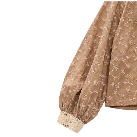 NEW Zara Beige Peasant Blouse with Balloon Sleeve Embroidered High Neck Blouse - Picture 6 of 8